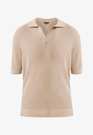 Feinstrick-Poloshirt ohne Knopfleiste – Sand