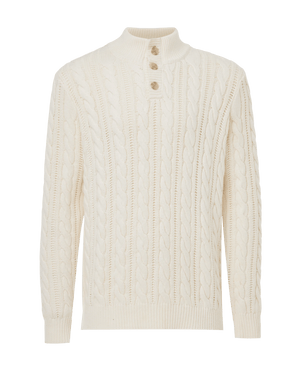 Zopfstrick-Pullover mit halber Knopfleiste – Wollweiß