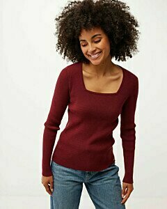 Square neck knitted pullover Dark Red