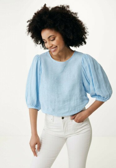Linen top with balloon sleeves Light Blue