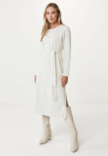 Long sleeve jersey dress with belt Pearl White