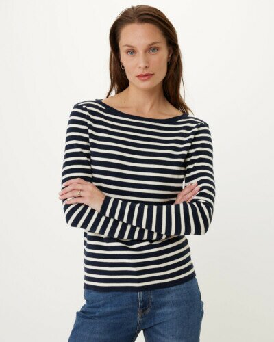 Striped boatneck knitted pullover Navy