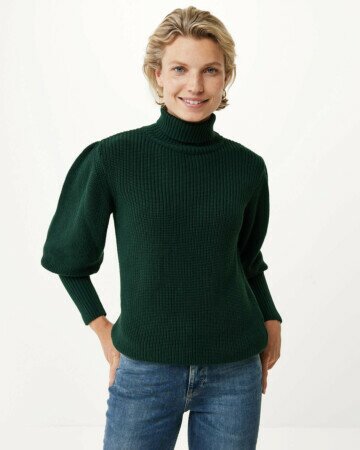 Knitted pullover puff sleeve Dark Green
