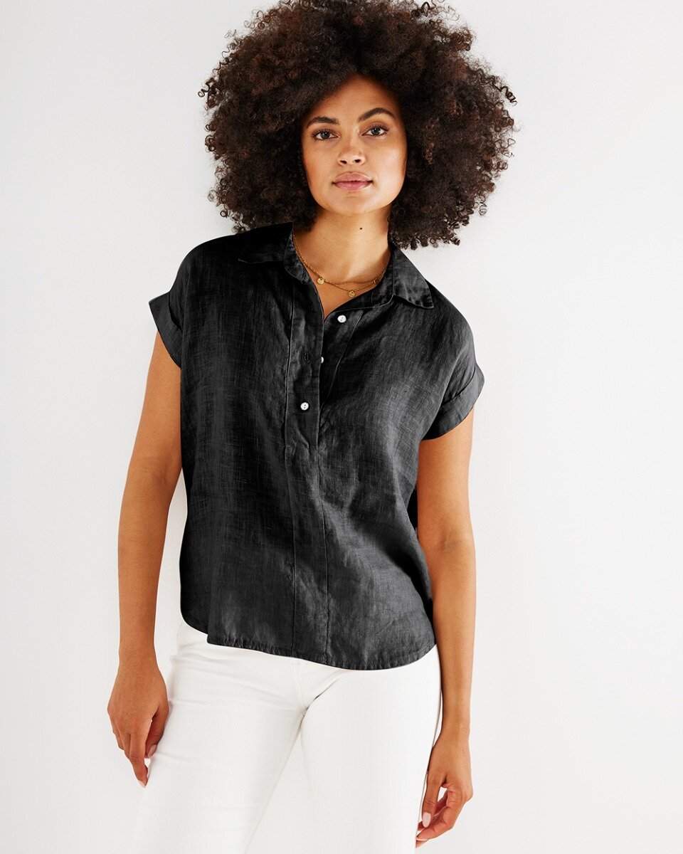 Capsleeve linen blouse Black
