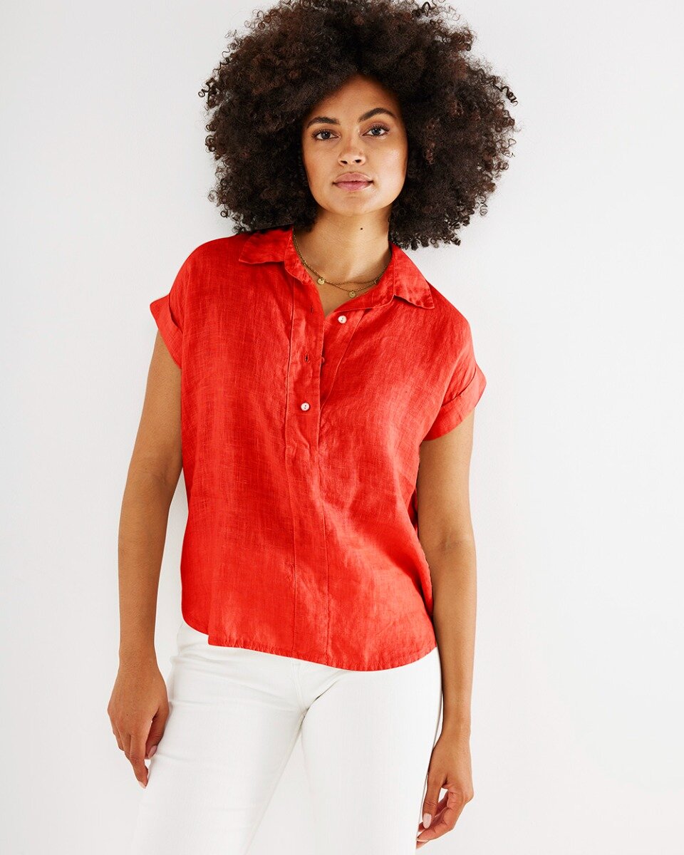 Capsleeve linen blouse Red